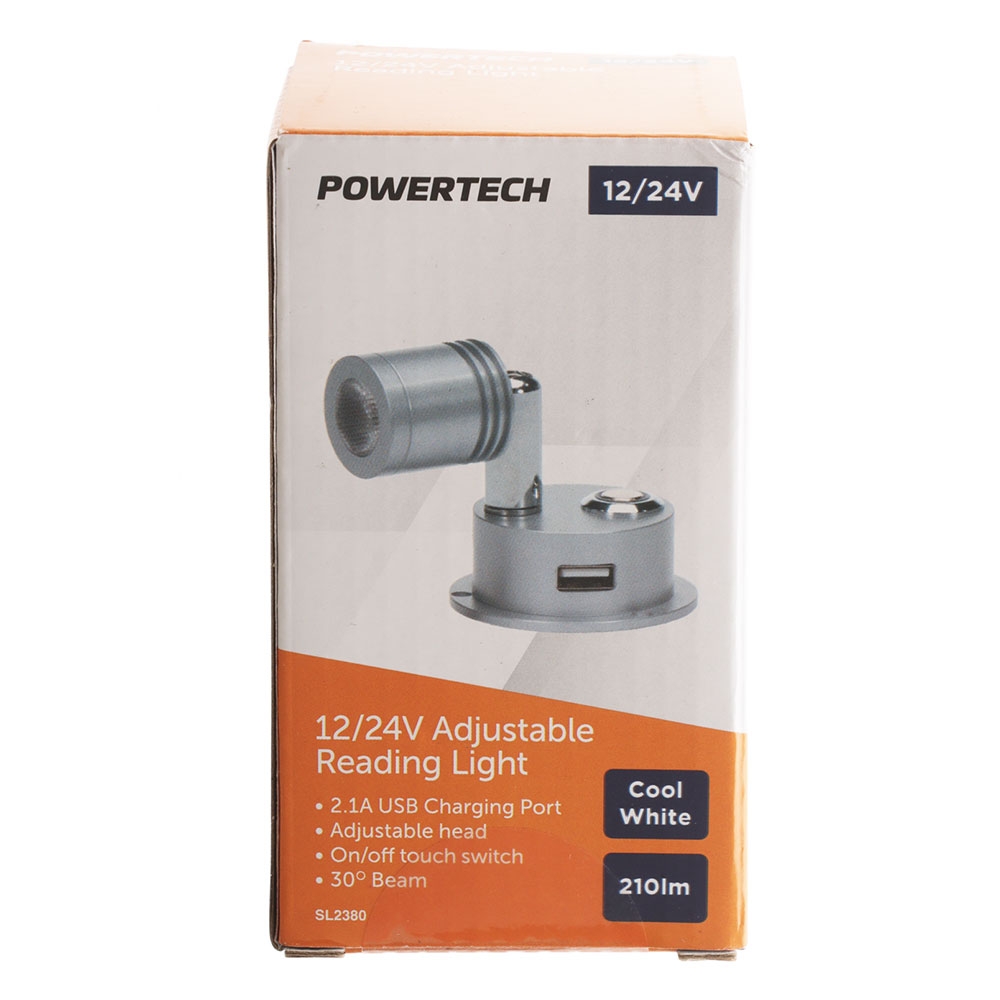 Powertech Dimmable LED Reading Light with USB Charger 10-32VDC 3W Silver