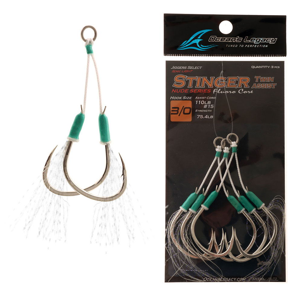 Ocean's Legacy Stinger Twin Assist Hooks Even Tie Glow 3/0 Qty 3