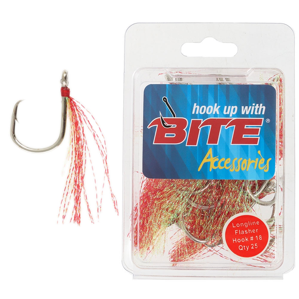 Bite Longline Flasher Hooks Size 18 Qty 25 Red/Chartreuse