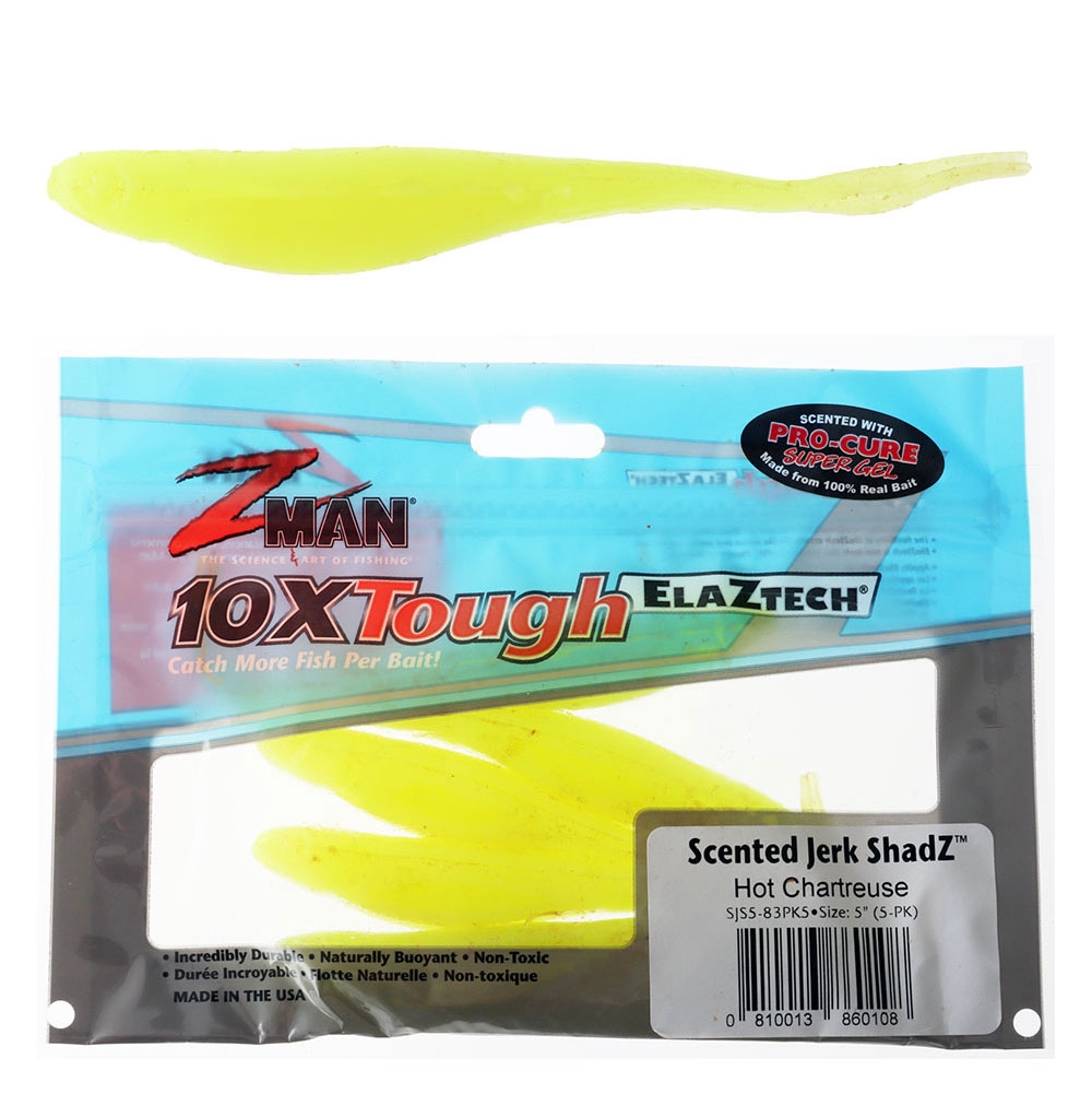 Z-Man Jerk ShadZ Scented Soft Bait 5in / 12.7cm Qty 5 Hot Chartreuse