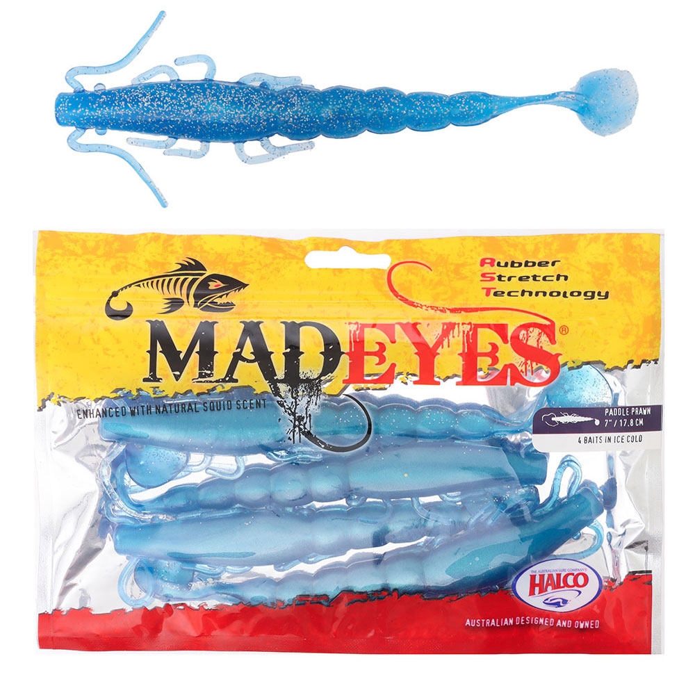 Halco Madeyes Paddle Prawn Soft Bait 7in Ice Cold Qty 4 