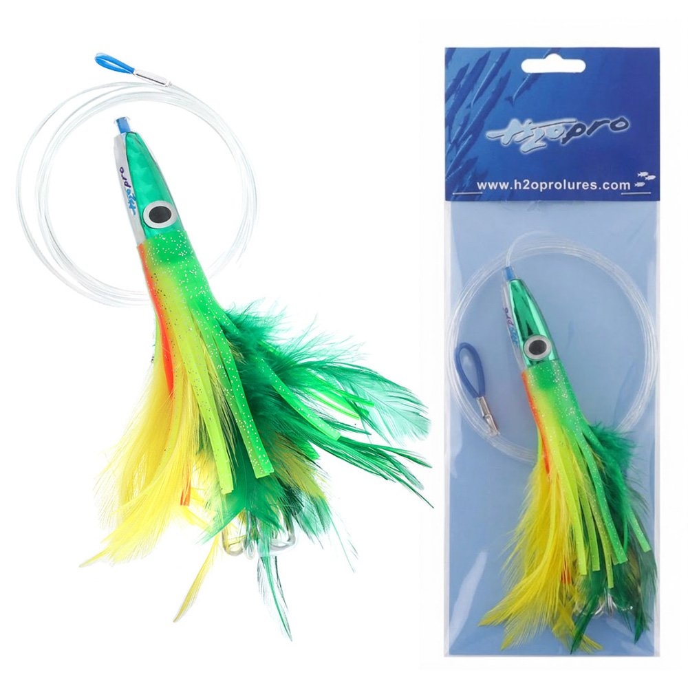 H2O Pro Ahi Feather Skippy Lure 120mm Rigged Green/Yellow/Orange