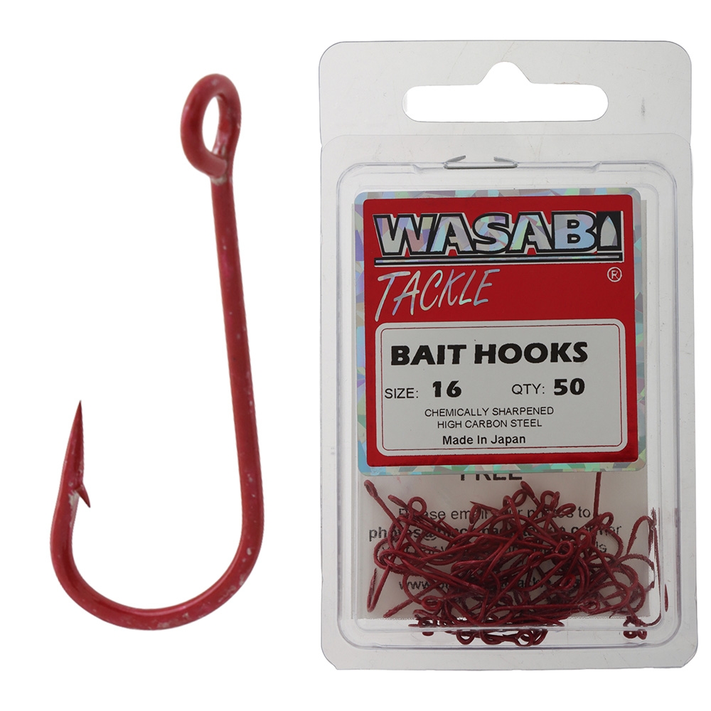 Wasabi Tackle High Carbon Red Bait Hooks Size 16 Qty 50