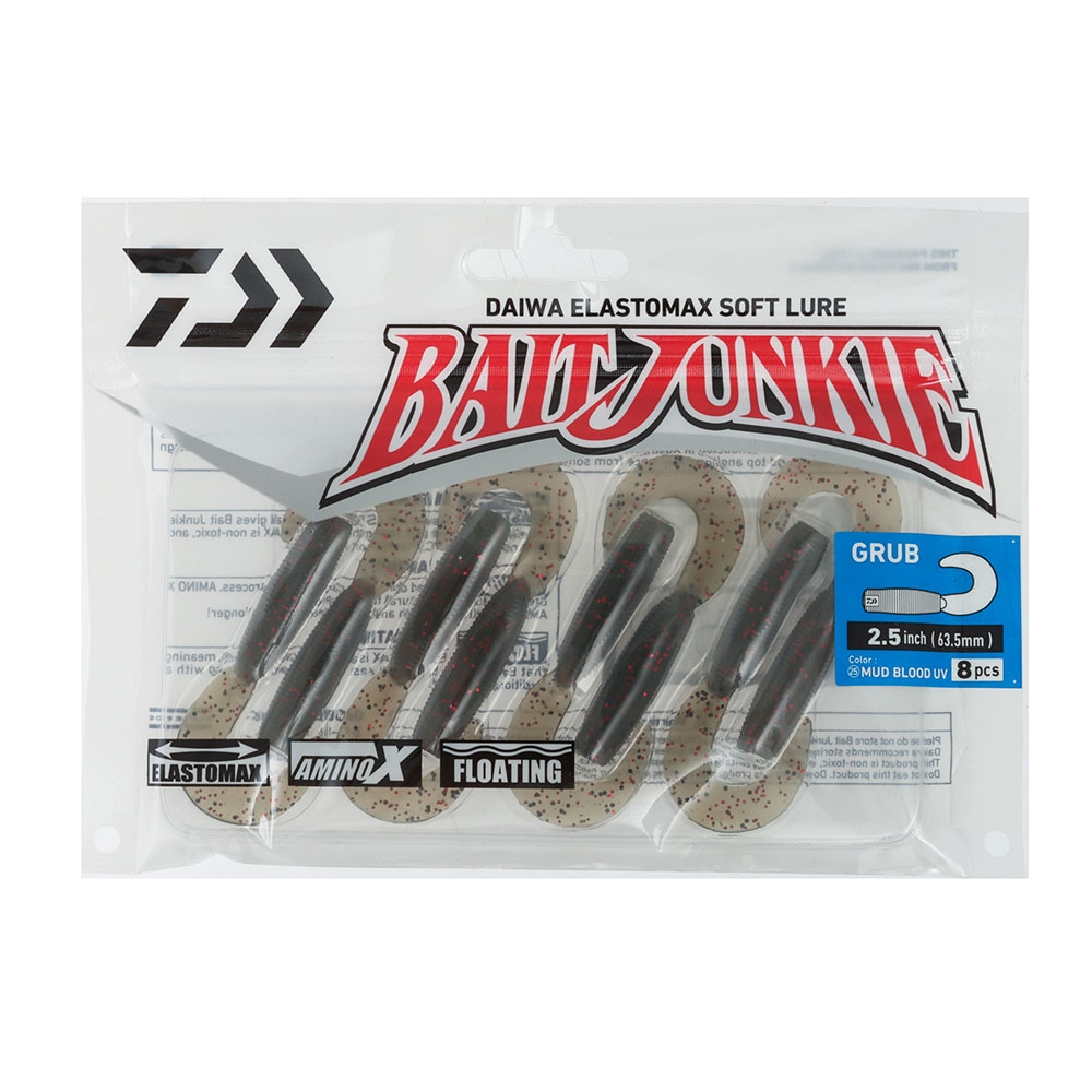 Daiwa BaitJunkie Grub Soft Bait 2.5in/6.4cm Qty 8 Mud Blood