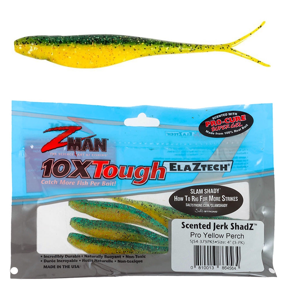 Z-Man Jerk ShadZ Scented Soft Bait 4in/10cm Pro Yellow Perch Qty 5