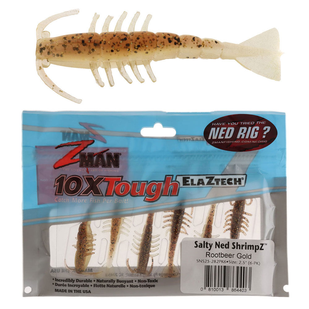 Z-Man Salty Ned ShrimpZ Soft Bait 2.5in Rootbeer Gold Qty 6