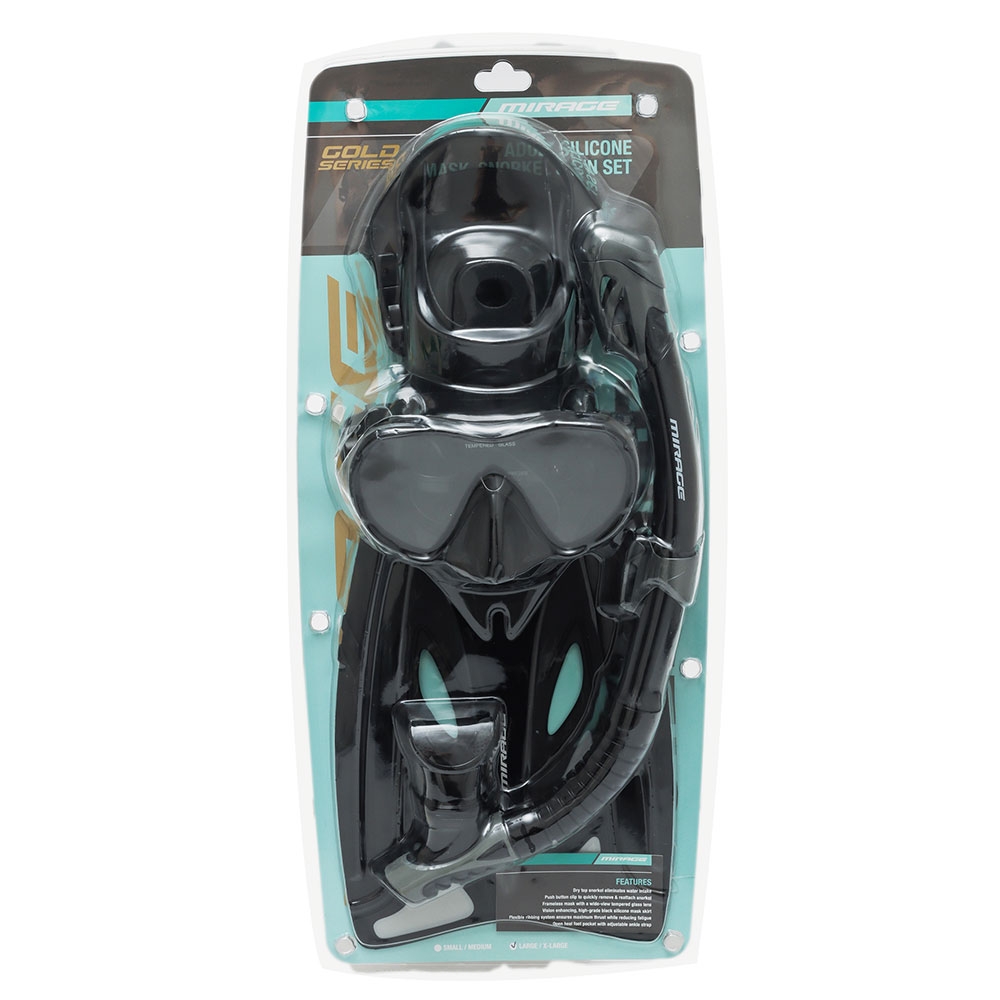 Mirage FSet54 Infinity Adult Dive Mask Snorkel and Fin Set Black L-XL / US10-13