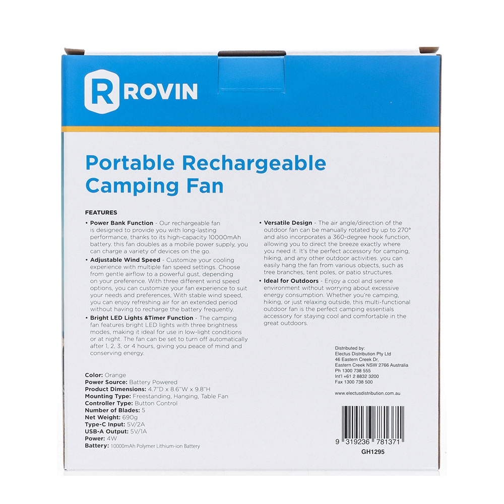 Rovin Portable Rechargeable Camping Fan with Power Bank 10000mAh