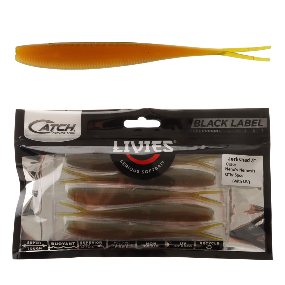 Catch Black Label Livies Jerkshad Soft Bait 5in Nehos Nemesis Qty 5