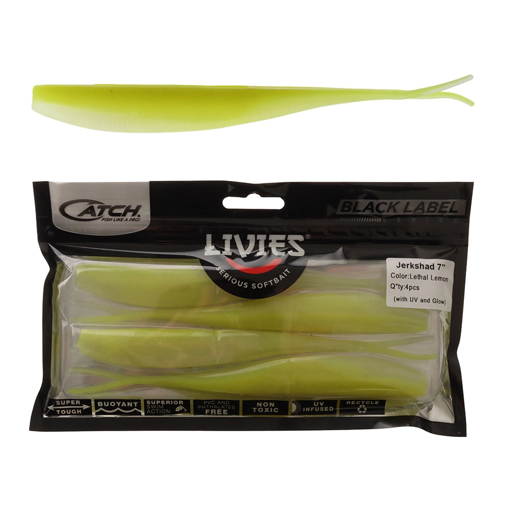Catch Black Label Livies Jerkshad Soft Bait 7in Lethal Lemon Qty 4 Catch Black Label Livies Jerkshad Soft Bait 7in Lethal Lemon Qty 4
