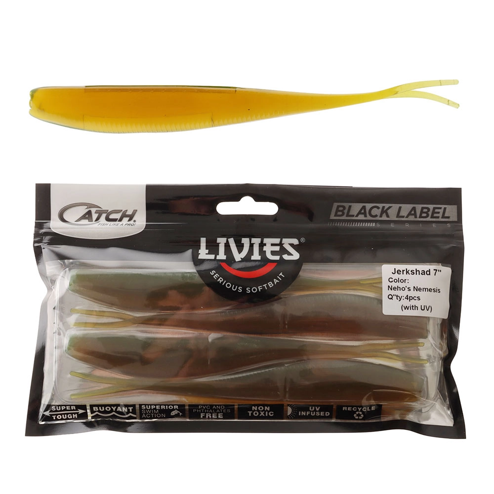 Catch Black Label Livies Jerkshad Soft Bait 7in Nehos Nemesis Qty 4 Catch Black Label Livies Jerkshad Soft Bait 7in Nehos Nemesis Qty 4