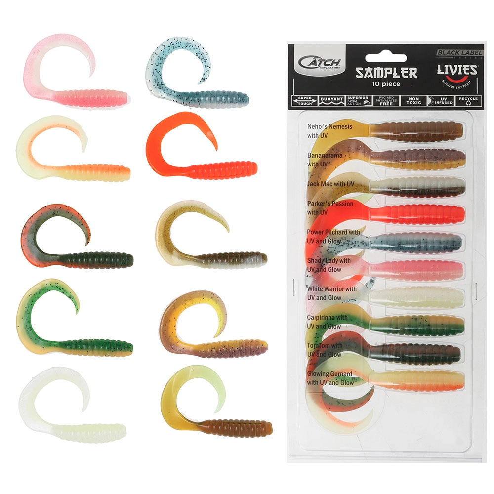 Catch Black Label Livies Curly Tail Soft Bait 10-Piece Sampler 6in Catch Black Label Livies Curly Tail Soft Bait 10-Piece Sampler 6in