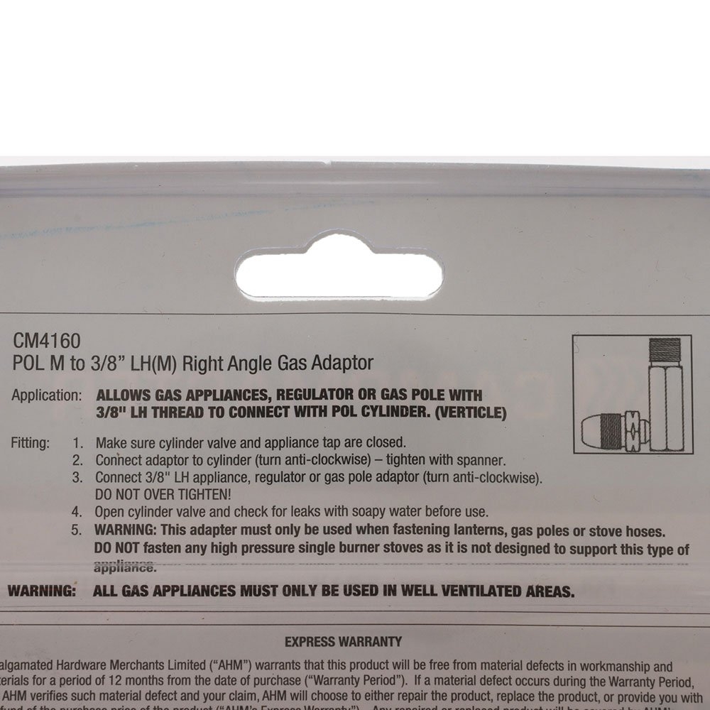 Campmaster Right Angle Gas Adaptor POL M to 3/8 LH M