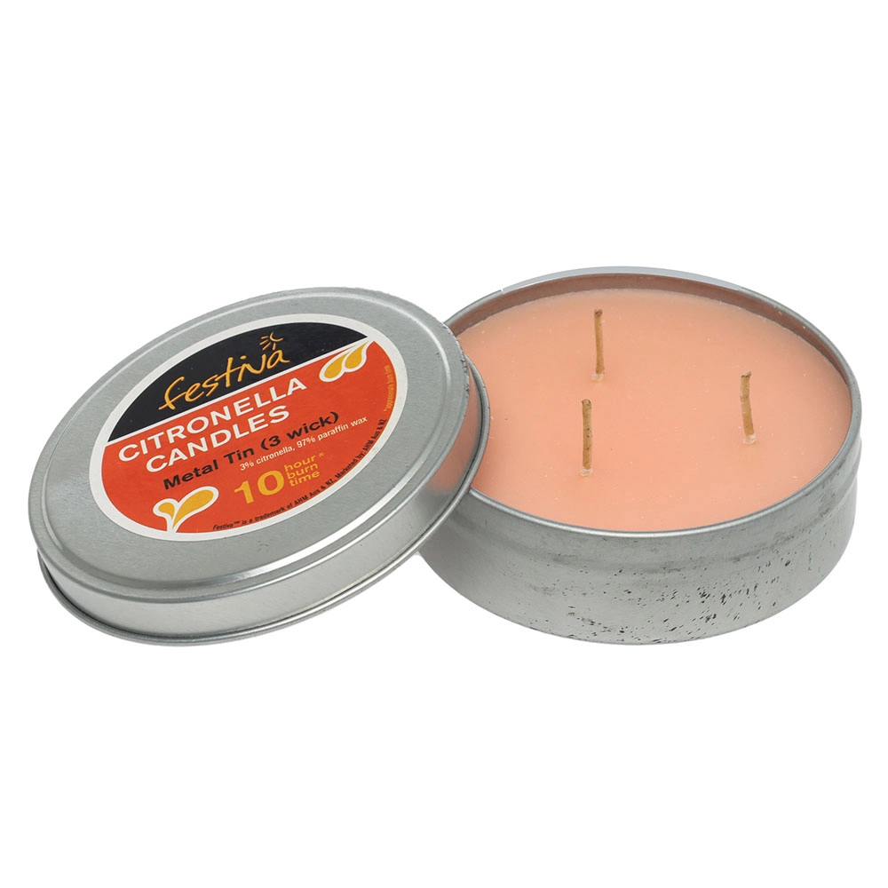 Campmaster Festiva Tin 3-Wick Citronella Candles 75x20mm Campmaster Festiva Tin 3-Wick Citronella Candles 75x20mm