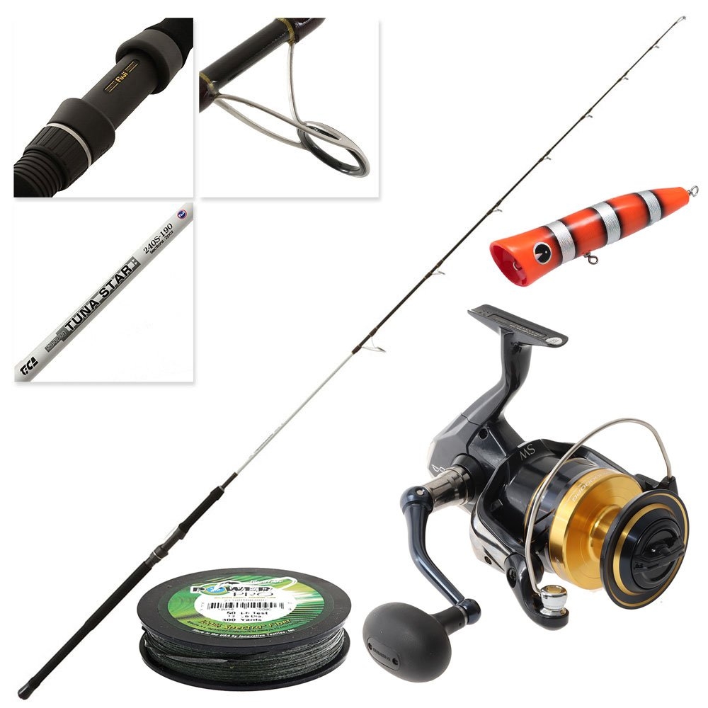 Shimano Spheros SWA 10000PG  TiCA Tuna Star Stickbait Popper Combo with Braid and Lure 8ft 50lb 2pc
