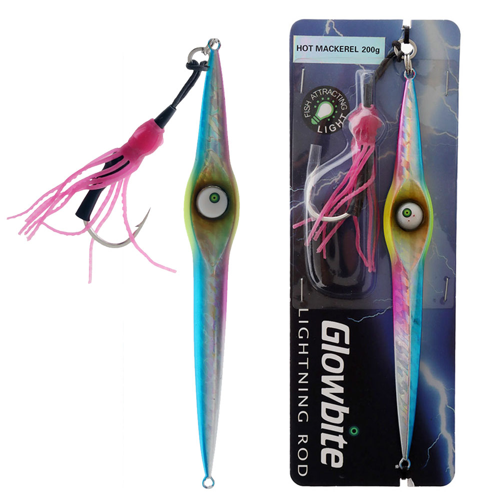 Glowbite Lightning Rod Mechanical Jig with Squid Skirt 200g Hot Mackerel