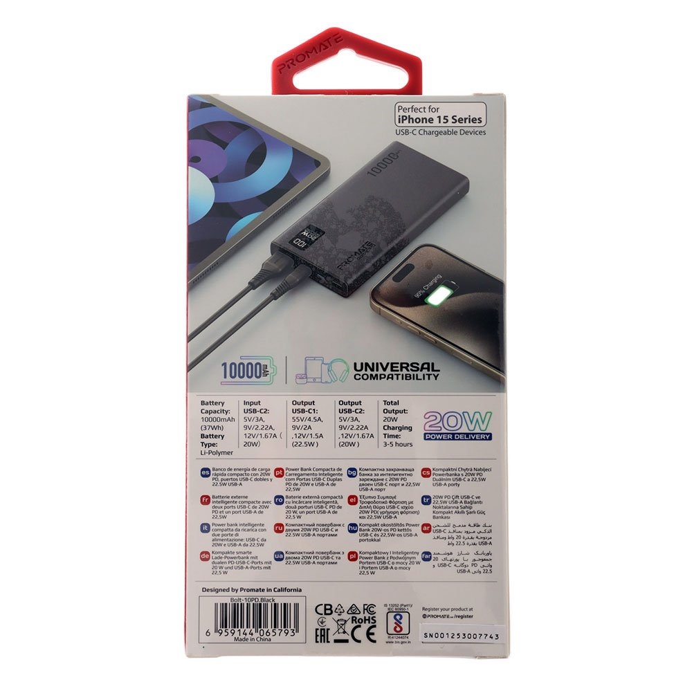 PROMATE Bolt-10PD Super Slim Smart Charging Power Bank 10000mAh