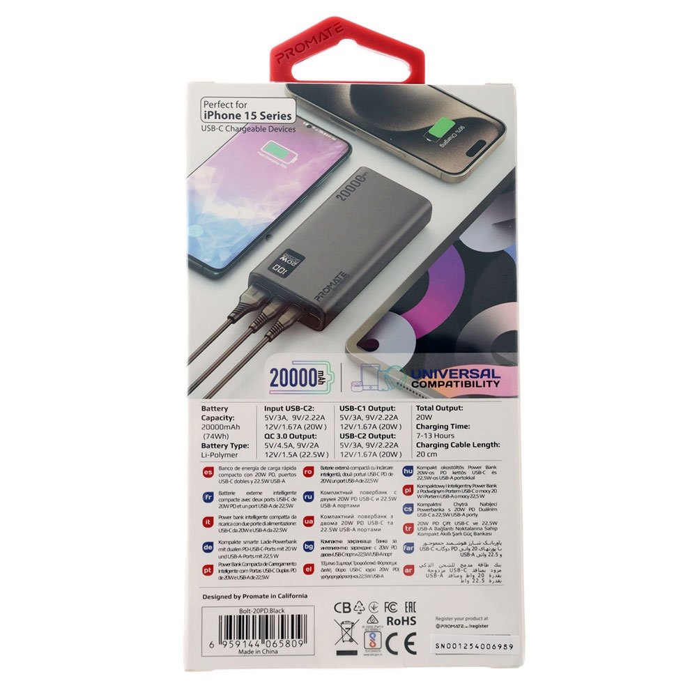 PROMATE Bolt-20PD Super Slim Smart Charging Power Bank 20000mAh