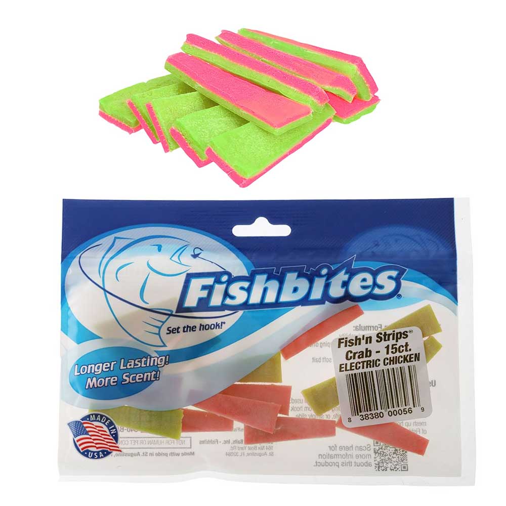Fishbites Fish'n Strips Saltwater Bait Crab Electric Chicken Qty 15