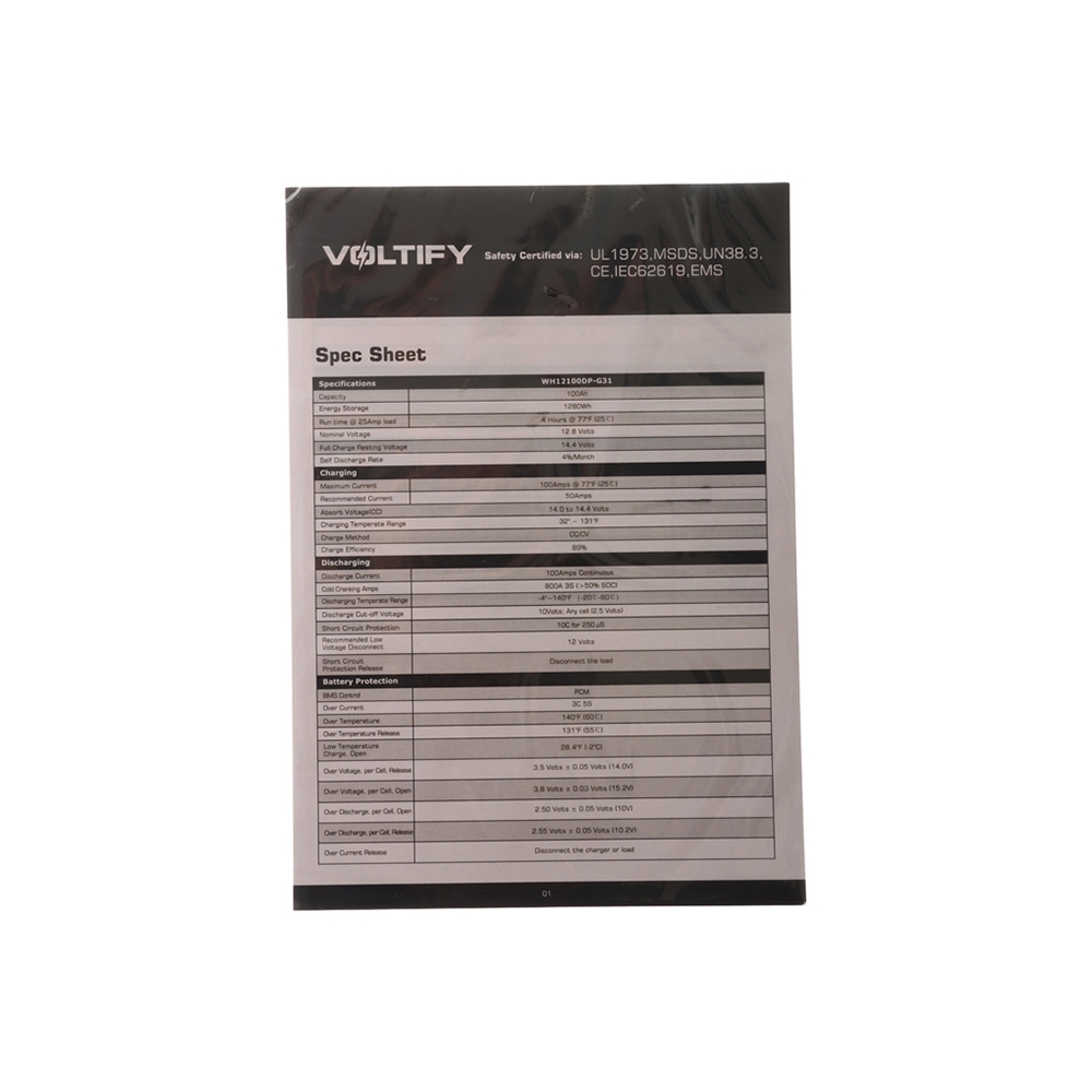 Voltify LiFePO4 Dual-Purpose Rechargeable Lithium Start and Deep-Cycle Battery 12V 100Ah 1200CCA with Bluetooth