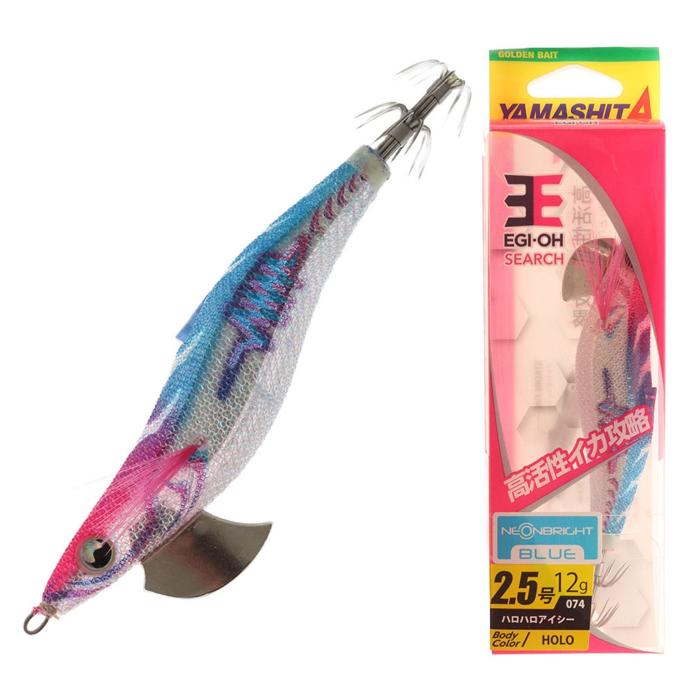 Yamashita EGI-OH Search Squid Jig with Strobe Fin and Rattle 2.5 79mm Neon Bright Blue/Holo