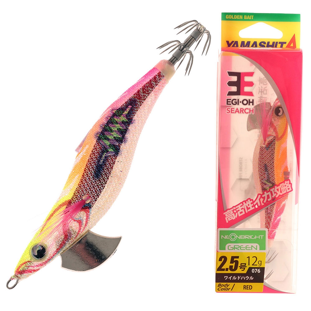 Yamashita EGI-OH Search Squid Jig with Strobe Fin and Rattle 2.5 79mm Neon Bright Green/Red