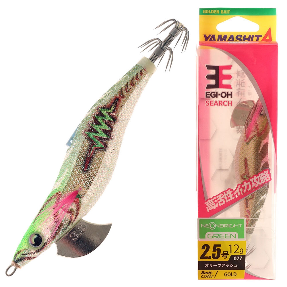 Yamashita EGI-OH Search Squid Jig with Strobe Fin and Rattle 2.5 79mm Neon Bright Green/Gold
