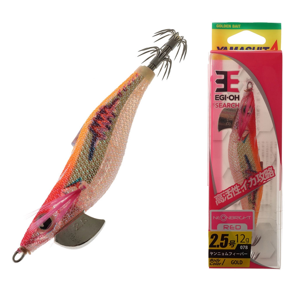 Yamashita EGI-OH Search Squid Jig with Strobe Fin and Rattle 2.5 79mm Neon Bright Red/Gold
