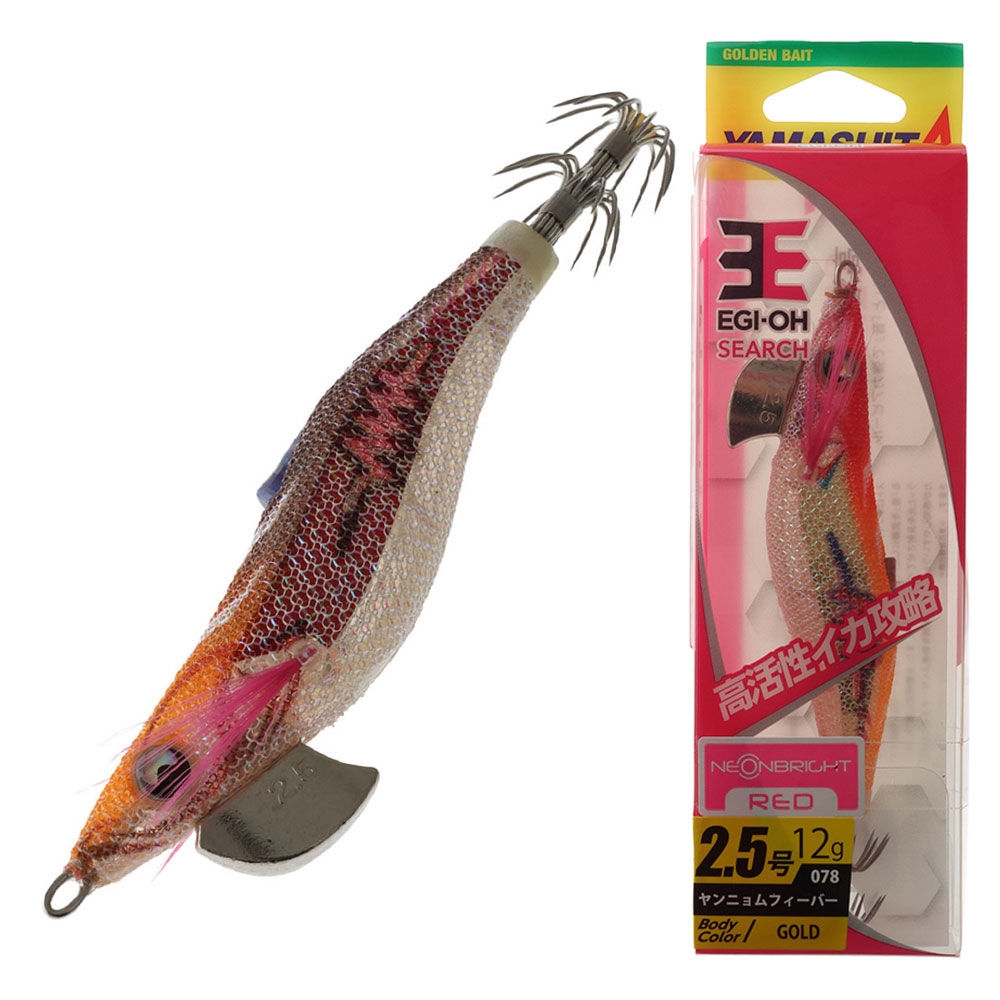 Yamashita EGI-OH Search Squid Jig with Strobe Fin and Rattle 2.5 79mm Neon Bright Red/Red
