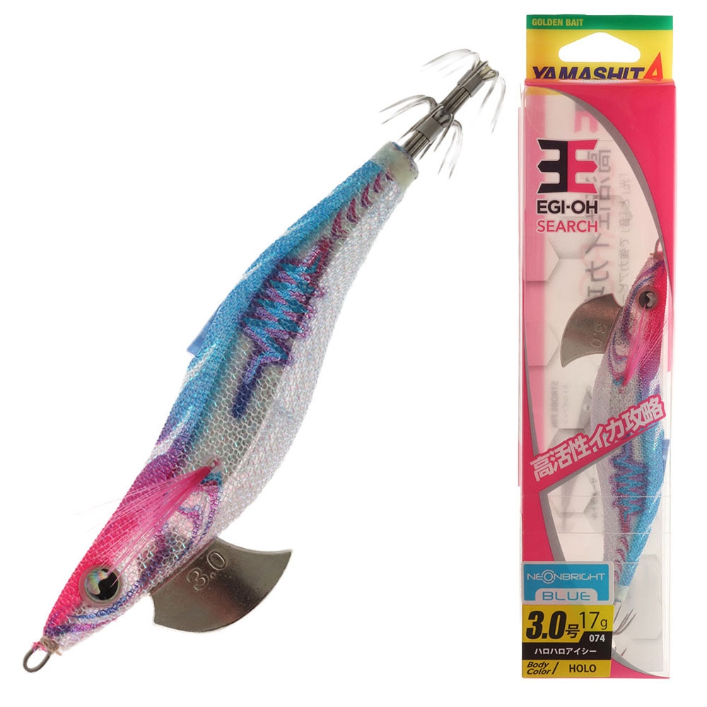 Yamashita EGI-OH Search Squid Jig with Strobe Fin and Rattle 3.0 95mm Neon Bright Blue/Holo