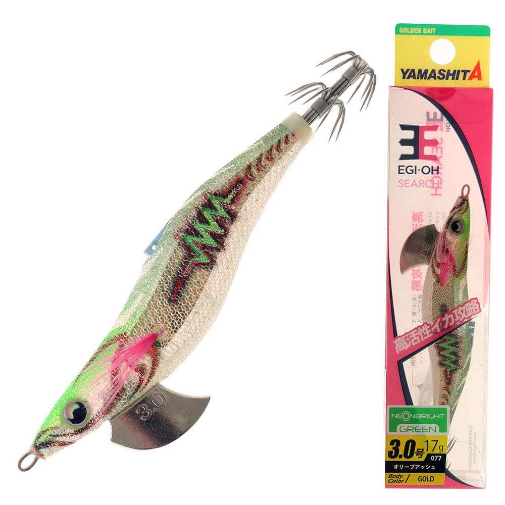 Yamashita EGI-OH Search Squid Jig with Strobe Fin and Rattle 3.0 95mm Neon Bright Green/Gold
