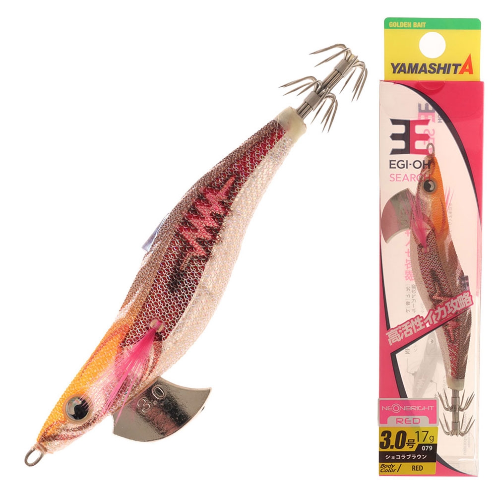 Yamashita EGI-OH Search Squid Jig with Strobe Fin and Rattle 3.0 95mm Neon Bright Red/Red