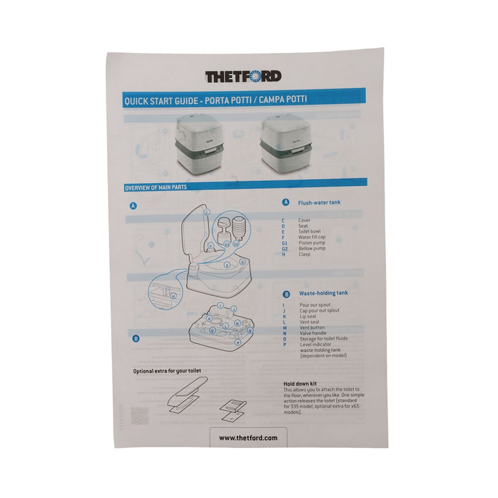 Thetford Porta Potti 165 Camping & RV Manual Flush Portable Toilet 21L