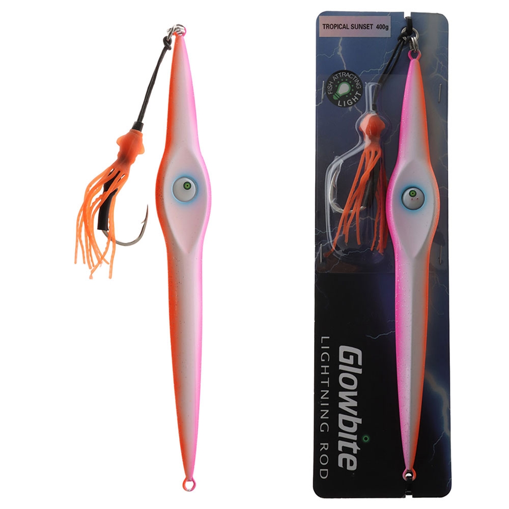Glowbite Lightning Rod Mechanical Jig with Squid Skirt 400g Tropical Sunset