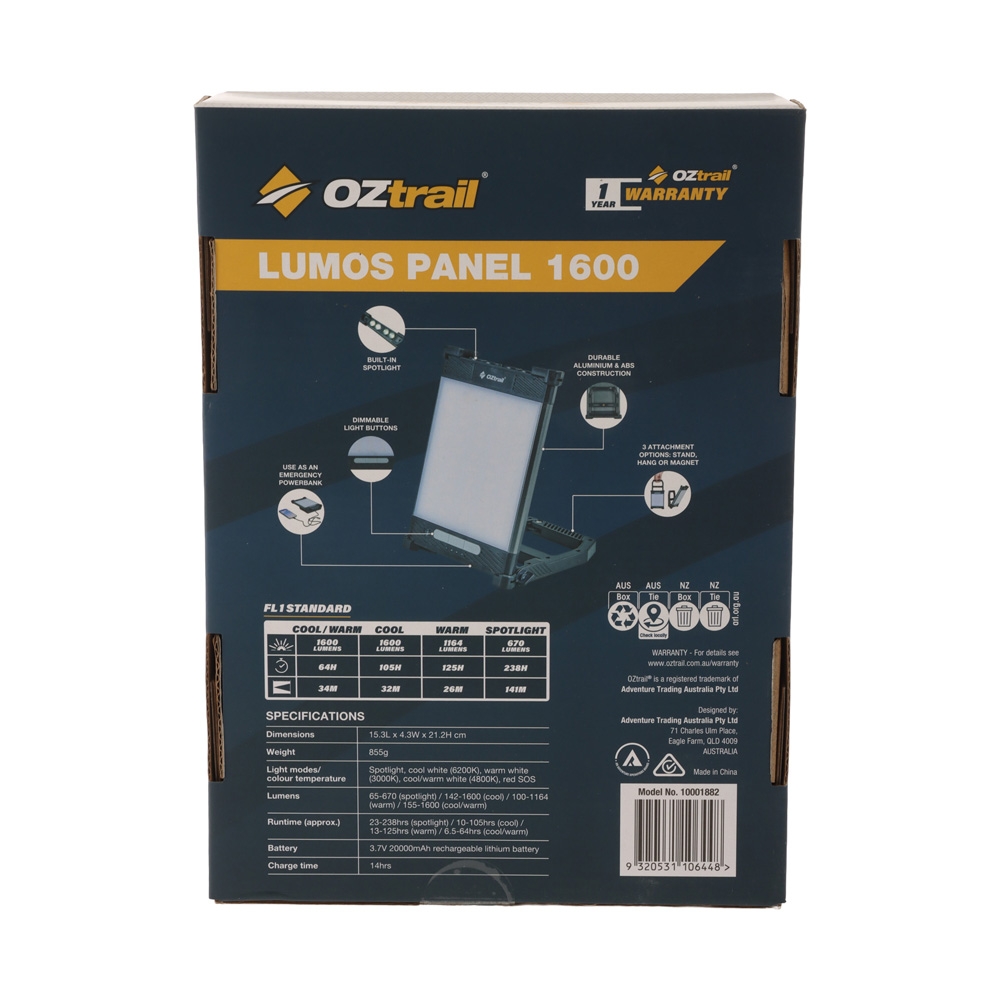 OZtrail Lumos Rechargeable LED Camping Panel Light with Magnetic Stand 1600lm