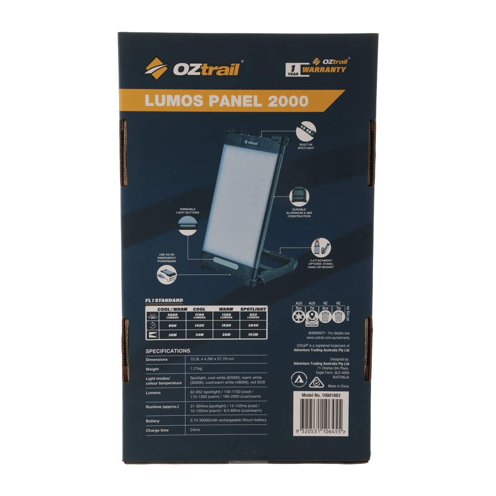 OZtrail Lumos Rechargeable LED Camping Panel Light with Magnetic Stand 2000lm