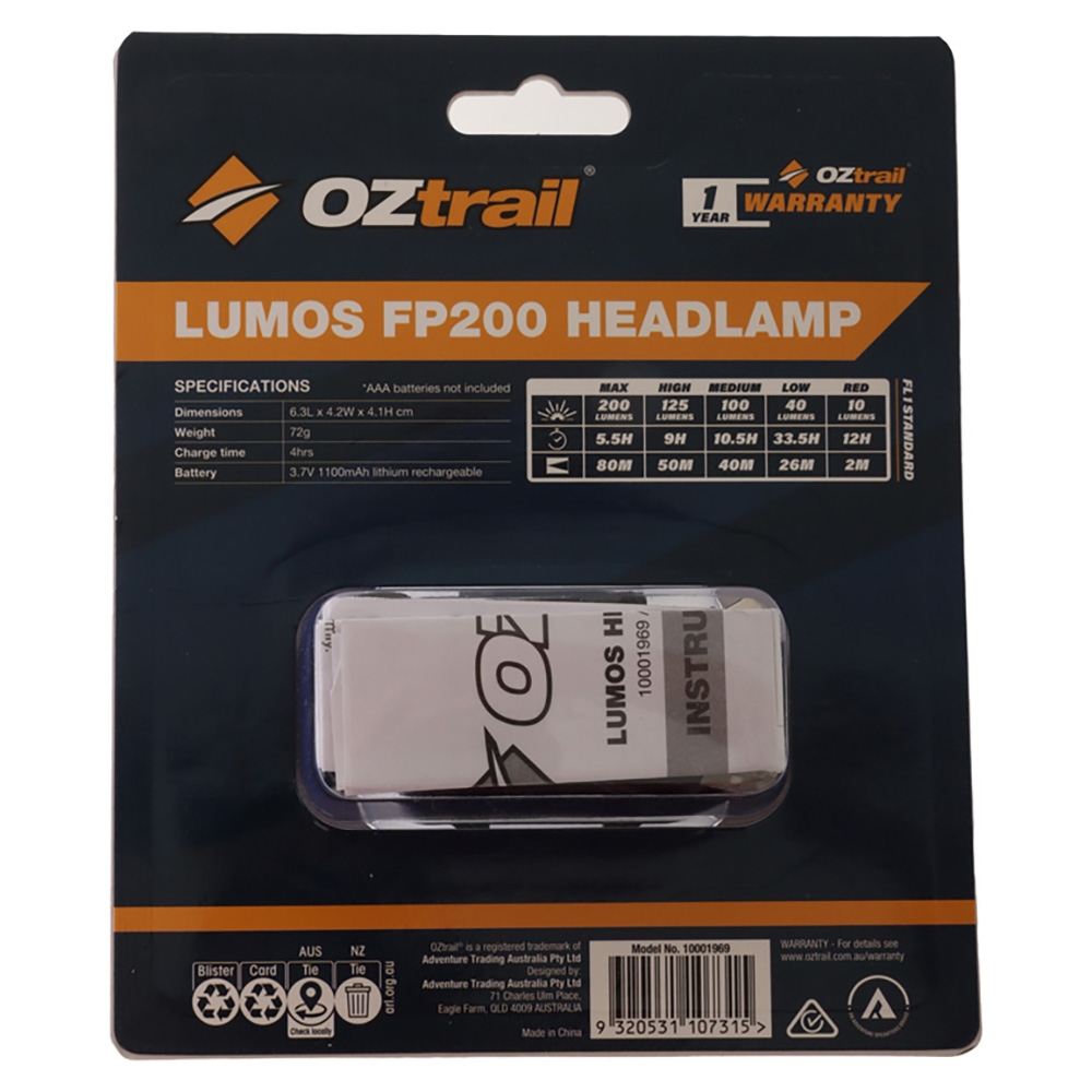 OZtrail Lumos FP200 Rechargeable Headlamp 200lm