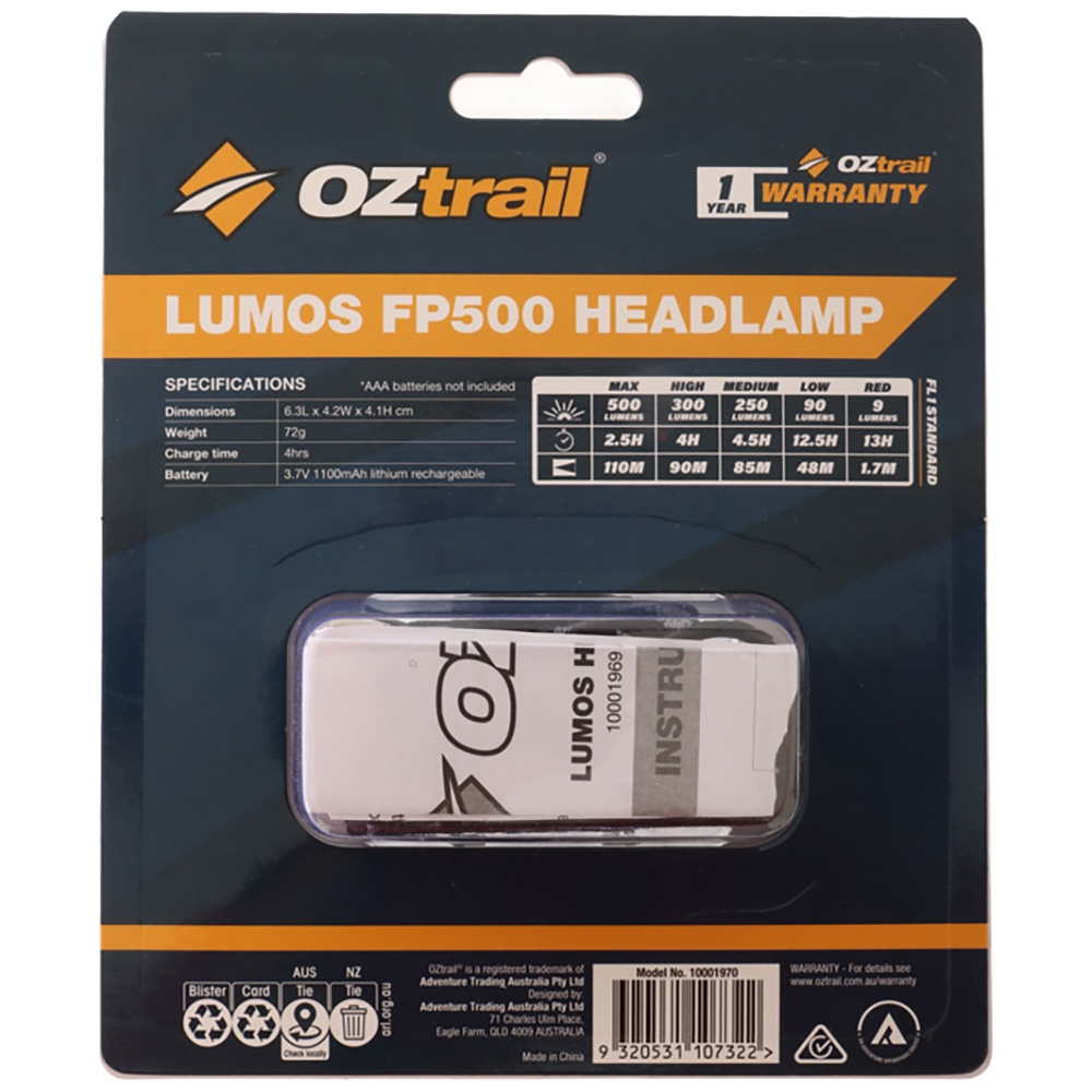 OZtrail Lumos FP500 Rechargeable Headlamp 500lm