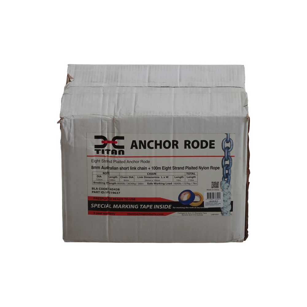 Titan Anchor Rode Kit 8 Plait Nylon Rope and Chain 100mx12mm / 10mx8mm