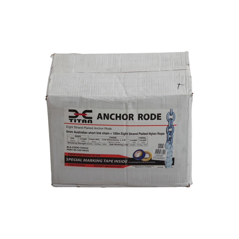 Titan Anchor Rode Kit 8 Plait Nylon Rope and Galvanised Chain 100m x 12mm / 10m x 6mm