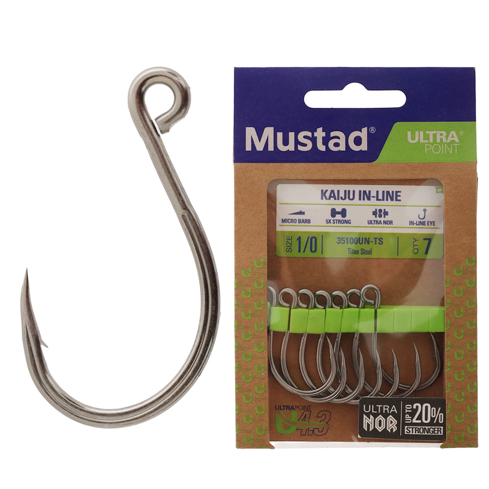 Mustad Kaiju In-Line Single J-Hook 1/0 Qty 7