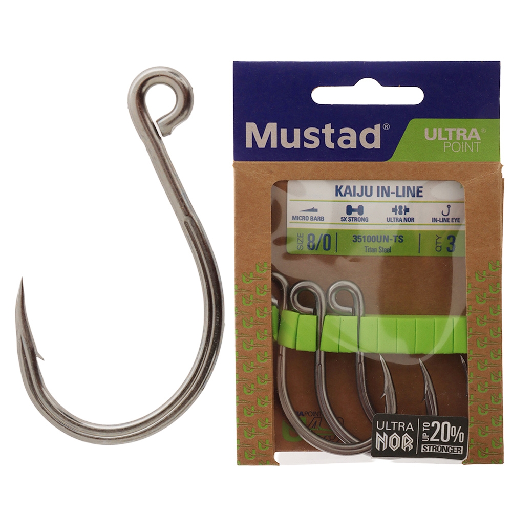 Mustad Kaiju In-Line Single J-Hook 8/0 Qty 3