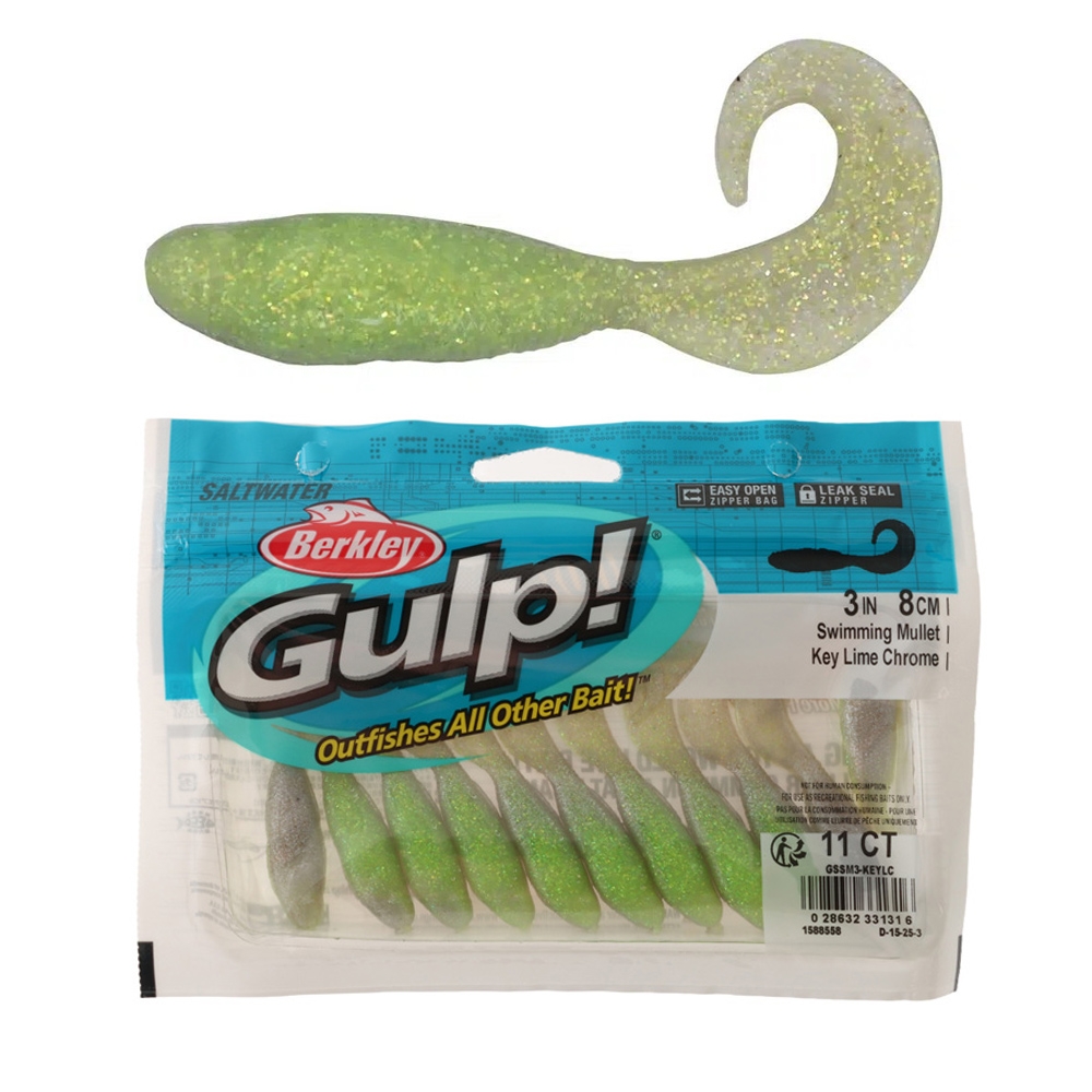 Berkley Gulp Swimming Mullet Soft Bait 3in / 7.5cm Qty 11 Key Lime Chrome