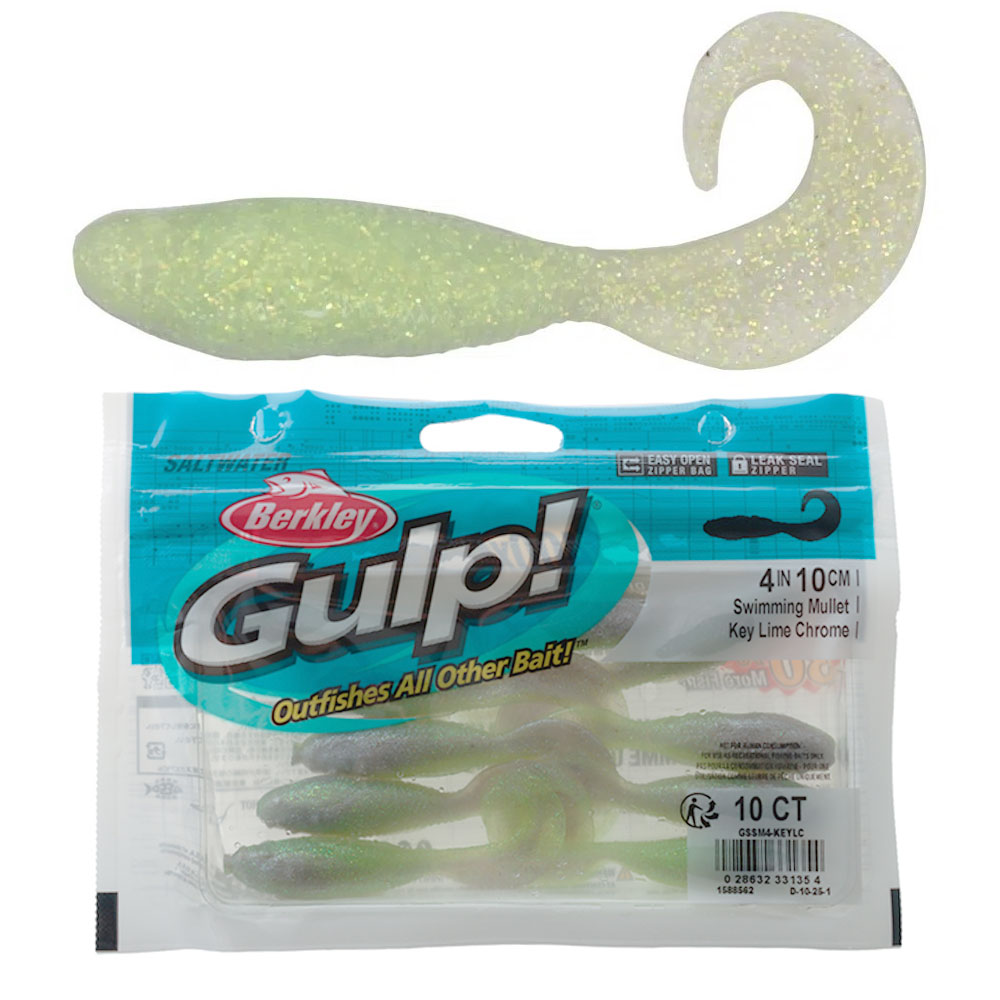 Berkley Gulp Swimming Mullet Soft Bait 4in / 10cm Qty 10 Key Lime Chrome