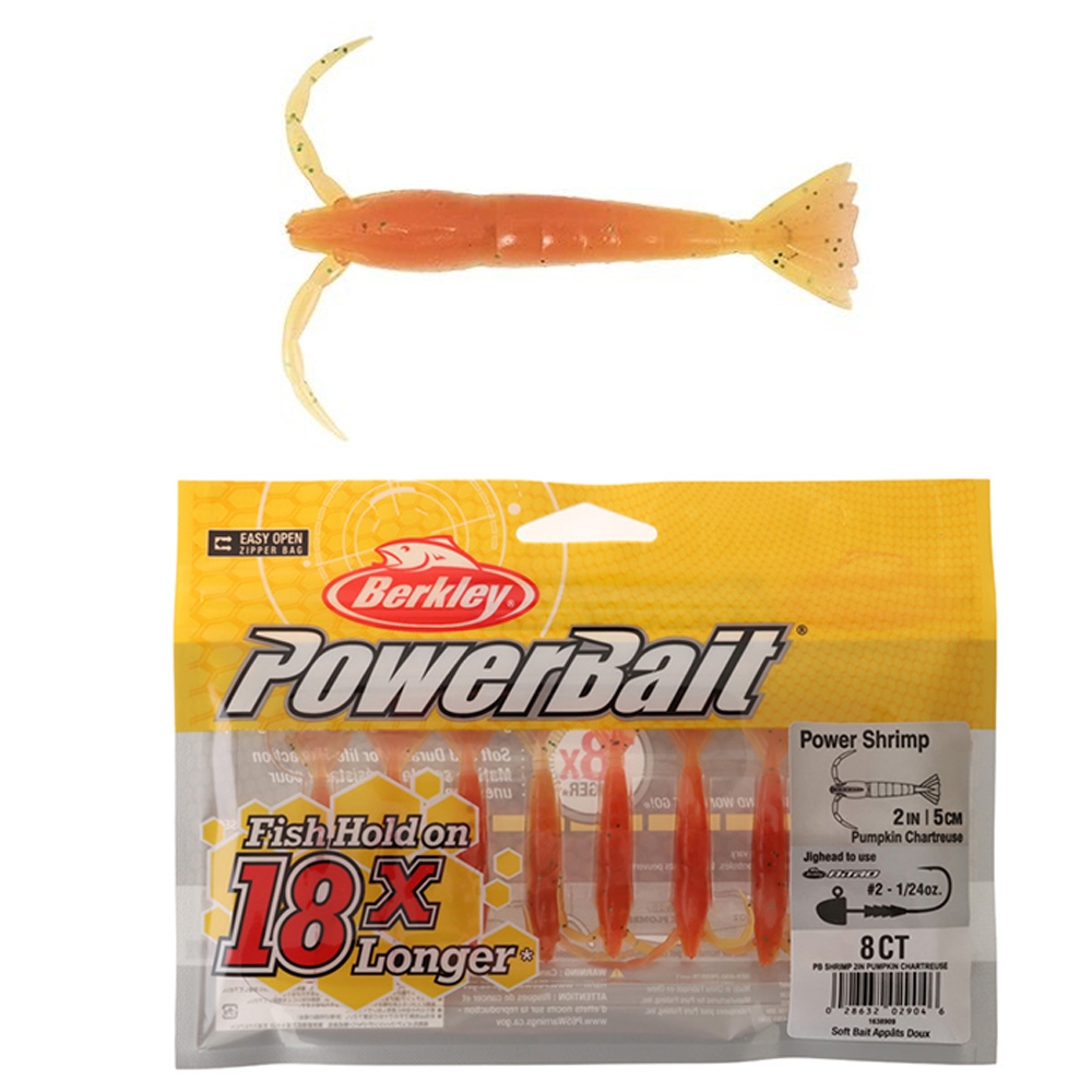 Berkley PowerBait Original Shrimp Soft Bait 2in / 5cm Qty 8 Pumpkin Chartreuse