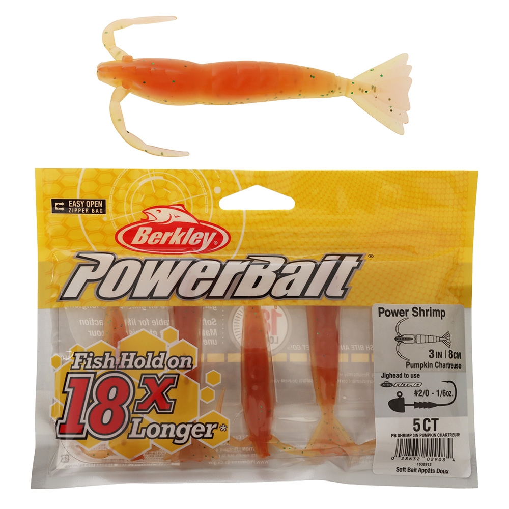 Berkley PowerBait Original Shrimp Soft Bait 3in / 8cm Qty 5 Pumpkin Chartreuse