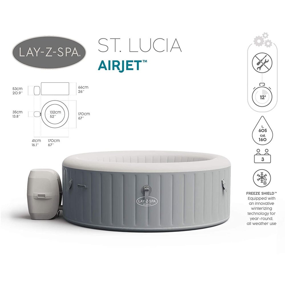 Lay-Z-Spa St. Lucia Airjet 3 Portable Inflatable Spa Pool 1.70m 605L