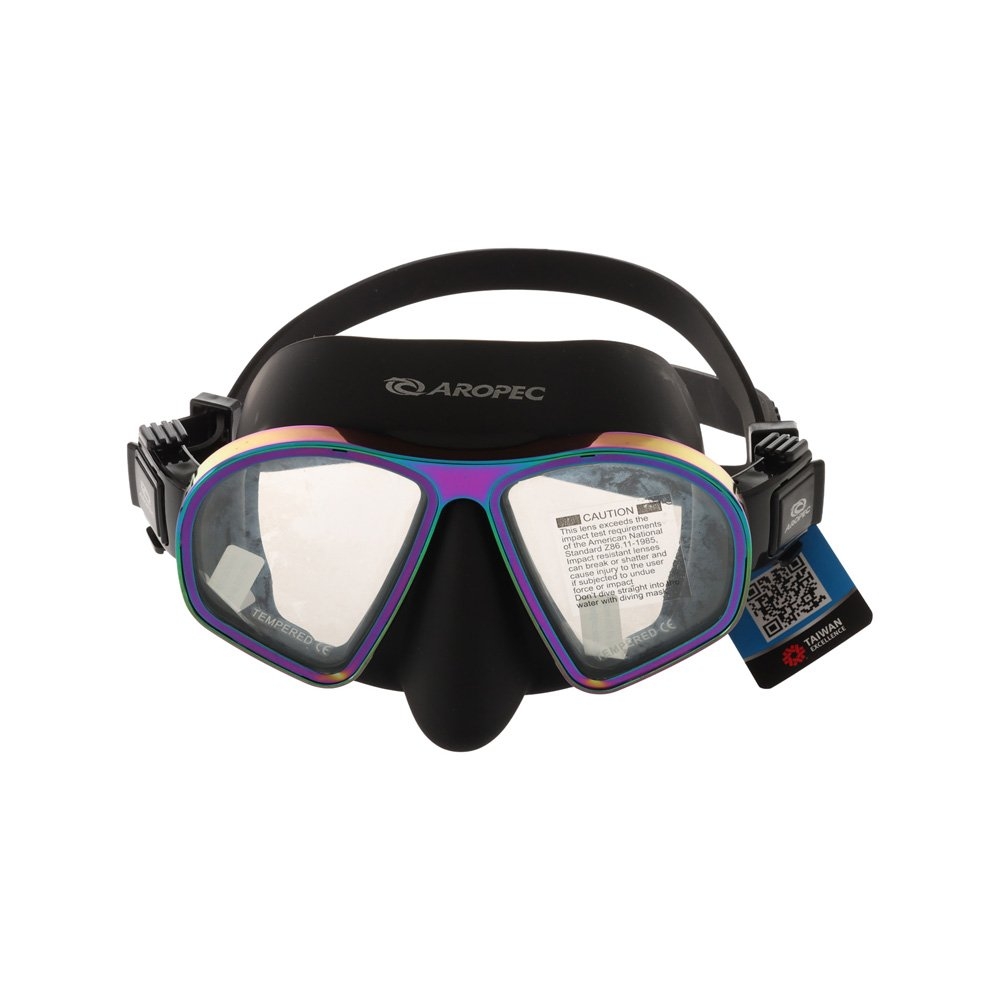 Aropec Twin Lens Alloy Frame Adult Dive Mask Black/Rainbow with Box