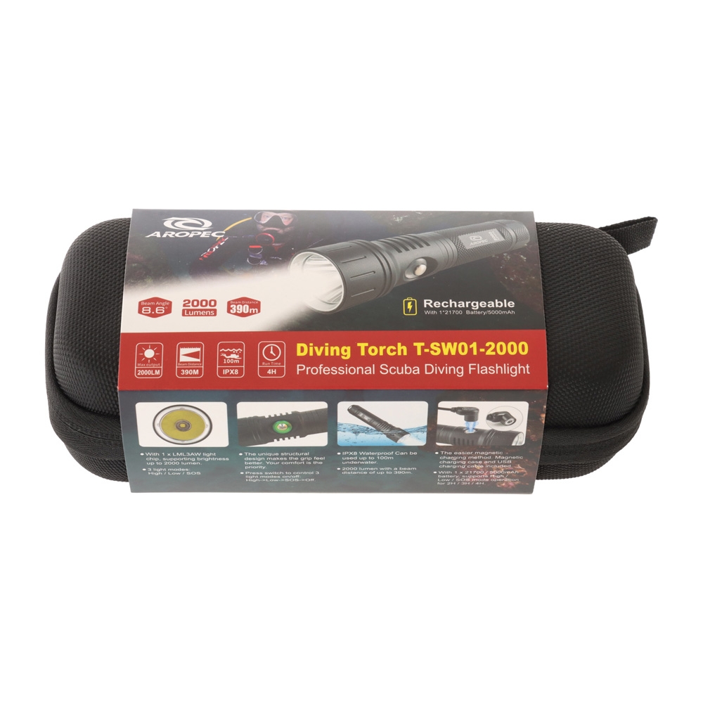 Aropec Rechargeable LED Dive Torch 2000lm - Waterproof to 100m