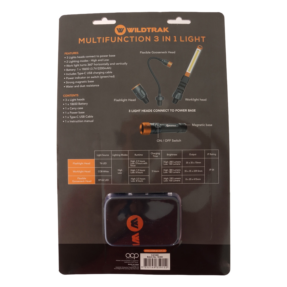 Wildtrak 3-in-1 Rechargeable Multifunction Worklight / Torch 190-380lm